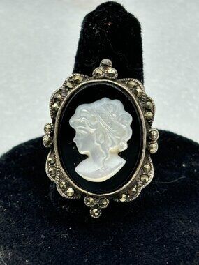 Vintage Cameo Sterling Mother Of Pearl Marcasite Onyx Ring-Size 7.5